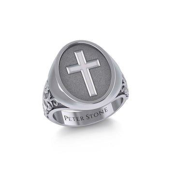 Modern Cross Silver Signet Men Ring TRI1963 - Jewelry
